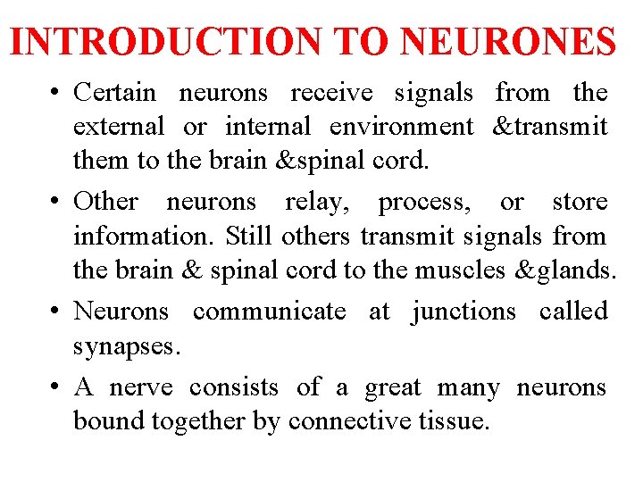 INTRODUCTION TO NEURONES • Certain neurons receive signals from the external or internal environment