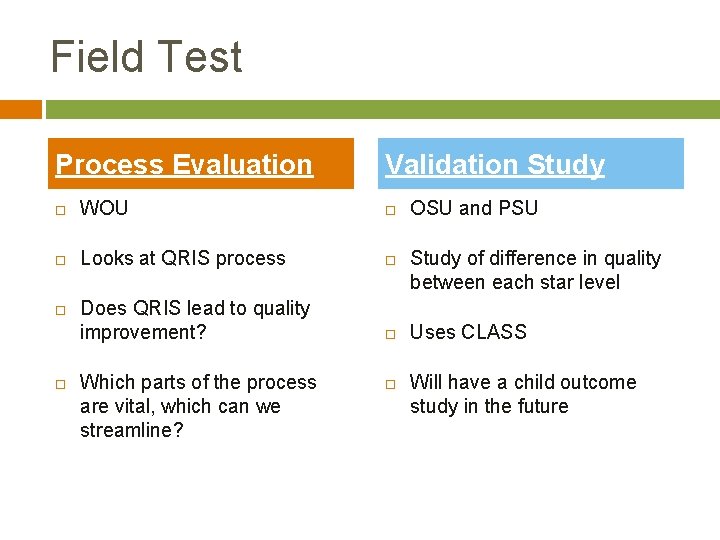 Field Test Process Evaluation Validation Study WOU Looks at QRIS process Does QRIS lead