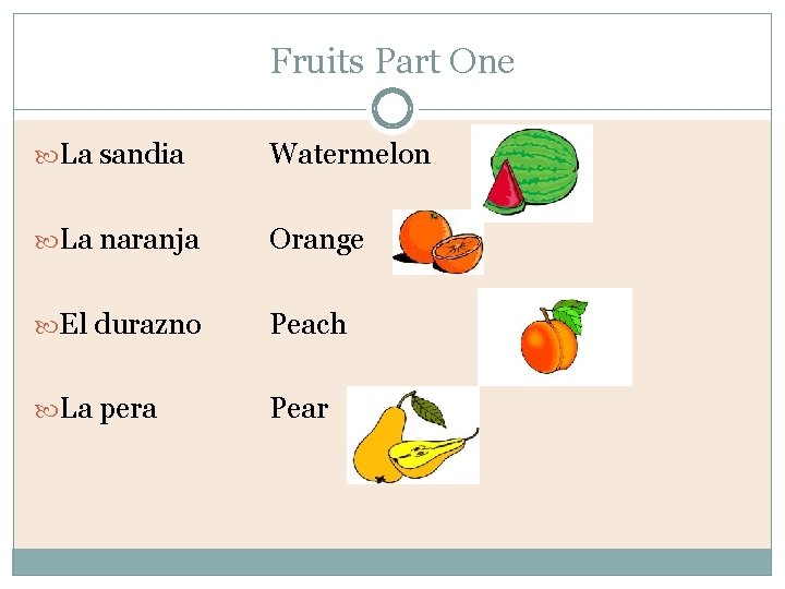 Fruits Part One La sandia Watermelon La naranja Orange El durazno Peach La pera