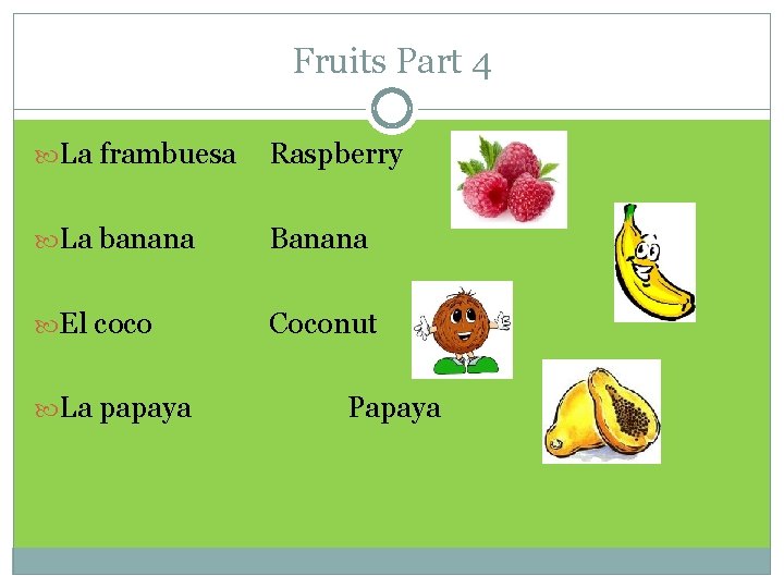 Fruits Part 4 La frambuesa Raspberry La banana Banana El coco Coconut La papaya