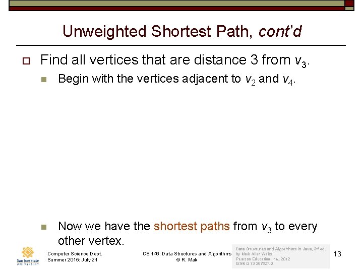 Unweighted Shortest Path, cont’d o Find all vertices that are distance 3 from v