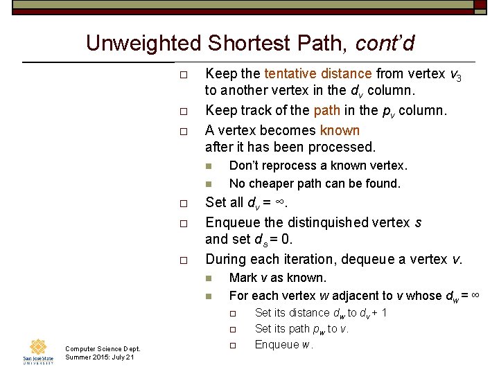 Unweighted Shortest Path, cont’d o o o Keep the tentative distance from vertex v