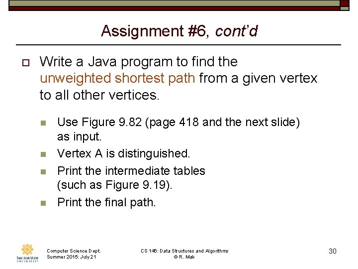 Assignment #6, cont’d o Write a Java program to find the unweighted shortest path