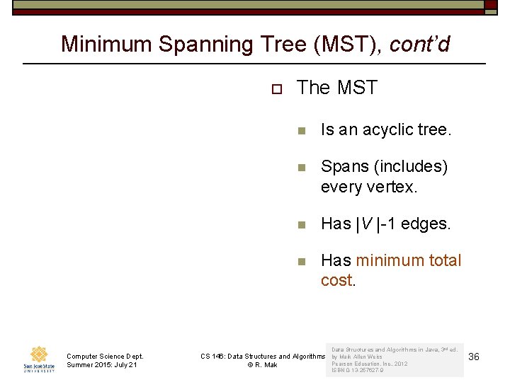 Minimum Spanning Tree (MST), cont’d o Computer Science Dept. Summer 2015: July 21 The