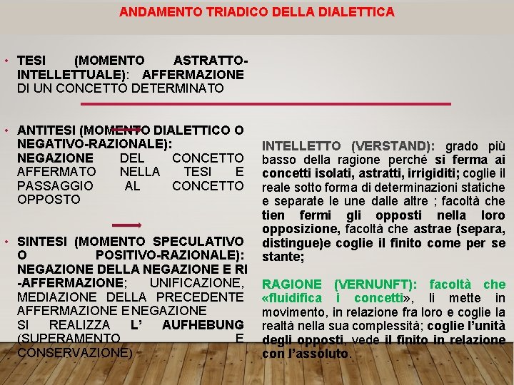 ANDAMENTO TRIADICO DELLA DIALETTICA • TESI (MOMENTO ASTRATTOINTELLETTUALE): AFFERMAZIONE DI UN CONCETTO DETERMINATO •