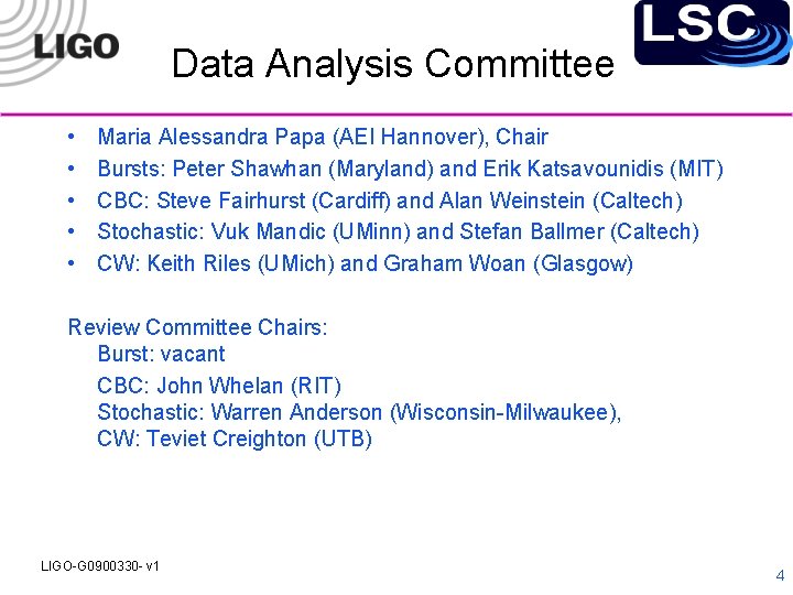 Data Analysis Committee • • • Maria Alessandra Papa (AEI Hannover), Chair Bursts: Peter