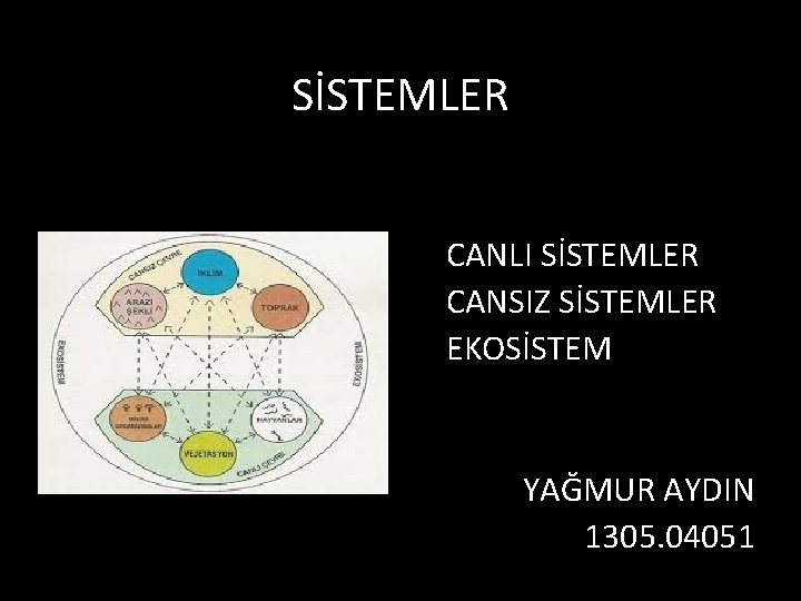 SİSTEMLER CANLI SİSTEMLER CANSIZ SİSTEMLER EKOSİSTEM YAĞMUR AYDIN 1305. 04051 