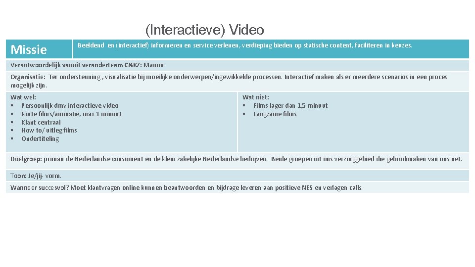 (Interactieve) Video Missie Beeldend en (interactief) informeren en service verlenen, verdieping bieden op statische