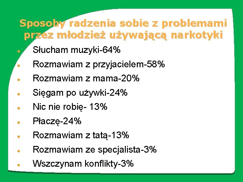 Sposoby radzenia sobie z problemami przez młodzież używającą narkotyki Słucham muzyki-64% Rozmawiam z przyjacielem-58%