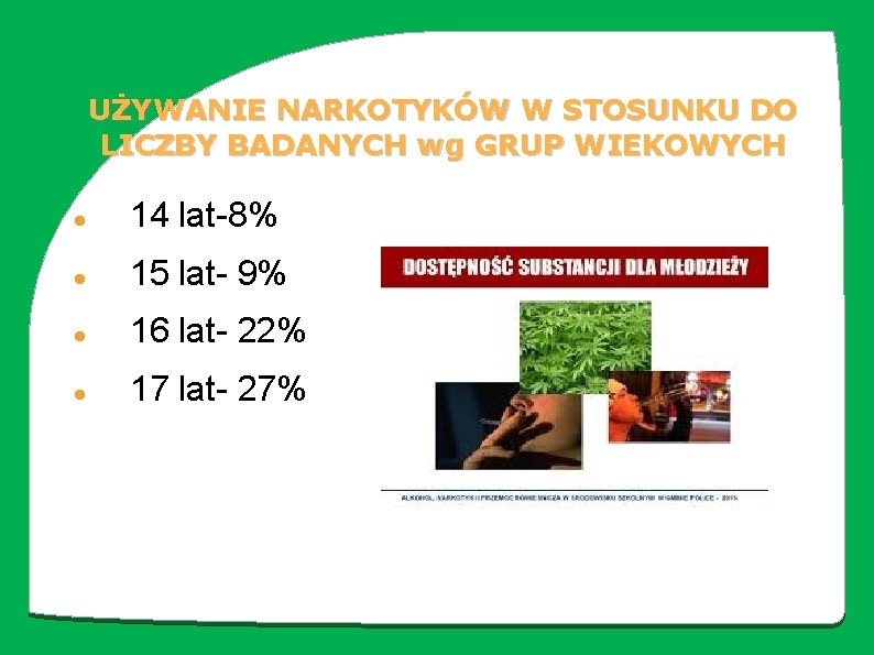 UŻYWANIE NARKOTYKÓW W STOSUNKU DO LICZBY BADANYCH wg GRUP WIEKOWYCH 14 lat-8% 15 lat-