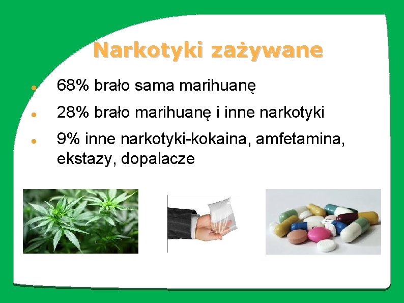 Narkotyki zażywane 68% brało sama marihuanę 28% brało marihuanę i inne narkotyki 9% inne