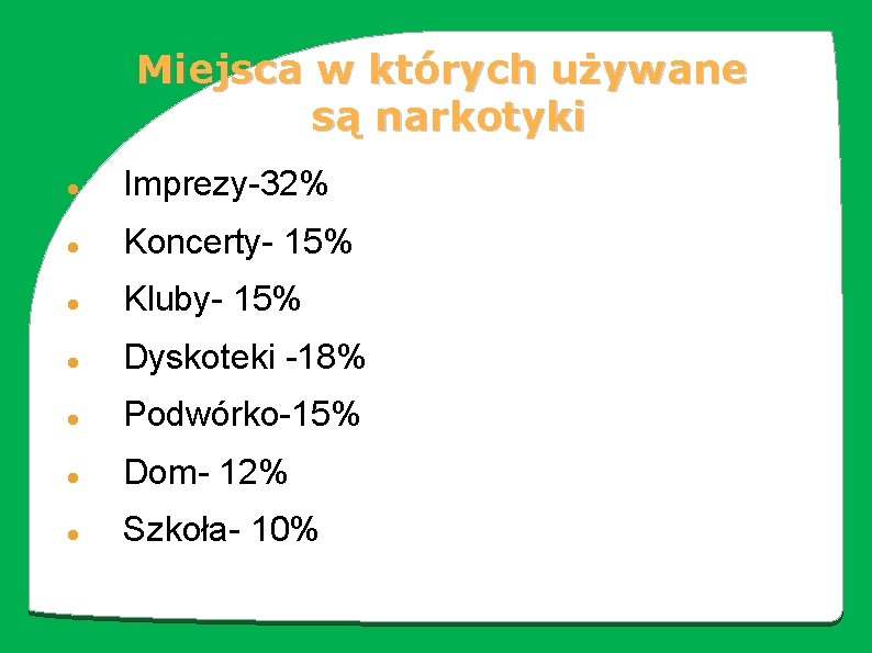 Miejsca w których używane są narkotyki Imprezy-32% Koncerty- 15% Kluby- 15% Dyskoteki -18% Podwórko-15%