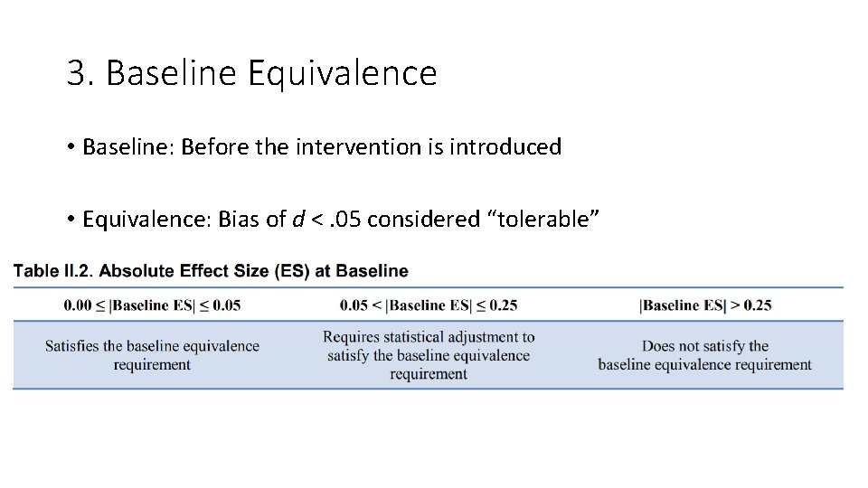 3. Baseline Equivalence • Baseline: Before the intervention is introduced • Equivalence: Bias of