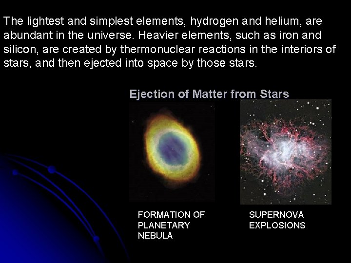 The lightest and simplest elements, hydrogen and helium, are abundant in the universe. Heavier