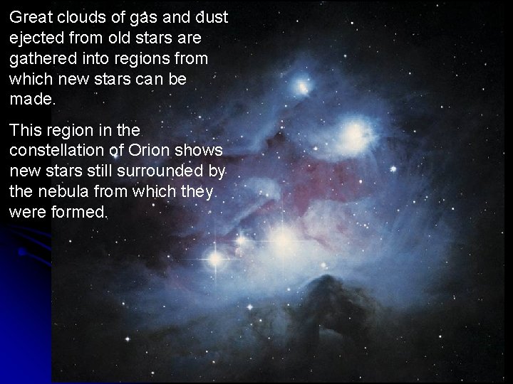 Great clouds of gas and dust ejected from old stars are gathered into regions