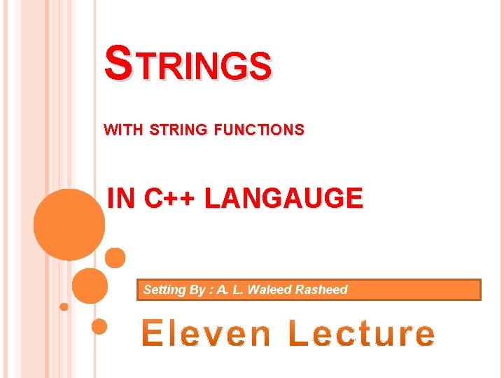 STRINGS WITH STRING FUNCTIONS IN C++ LANGAUGE Setting By : A. L. Waleed Rasheed