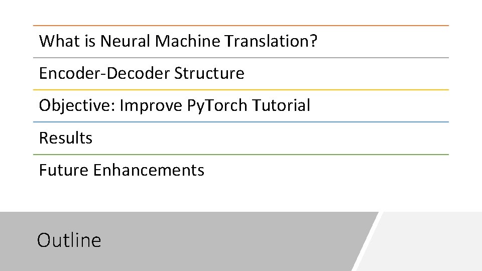 What is Neural Machine Translation? Encoder-Decoder Structure Objective: Improve Py. Torch Tutorial Results Future