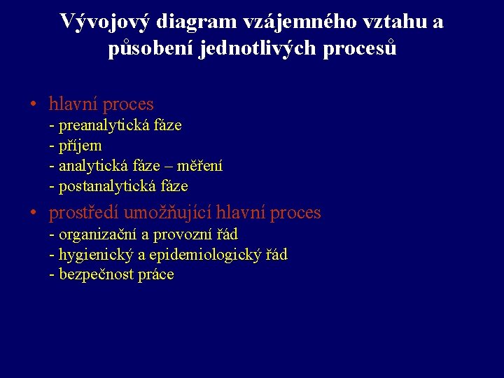 Vývojový diagram vzájemného vztahu a působení jednotlivých procesů • hlavní proces - preanalytická fáze