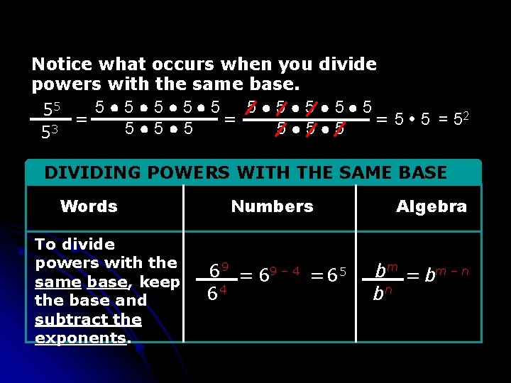 Notice what occurs when you divide powers with the same base. 5 5 55