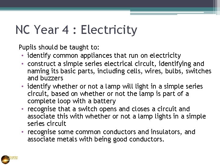 NC Year 4 : Electricity Pupils should be taught to: • identify common appliances