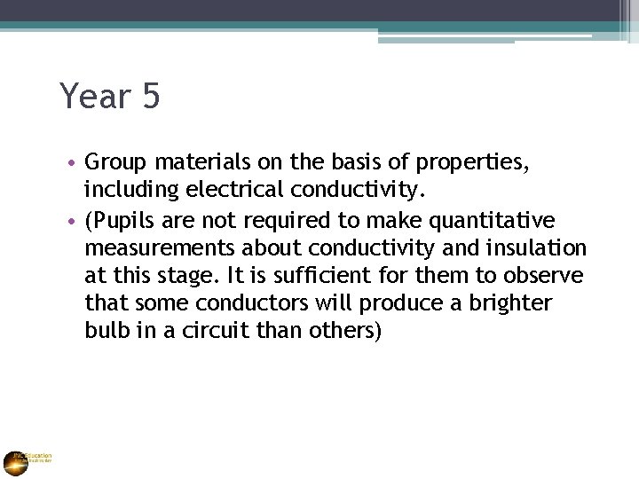 Year 5 • Group materials on the basis of properties, including electrical conductivity. •