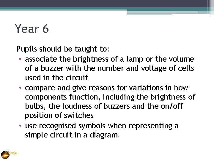 Year 6 Pupils should be taught to: • associate the brightness of a lamp