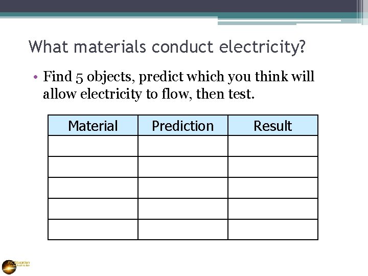 What materials conduct electricity? • Find 5 objects, predict which you think will allow