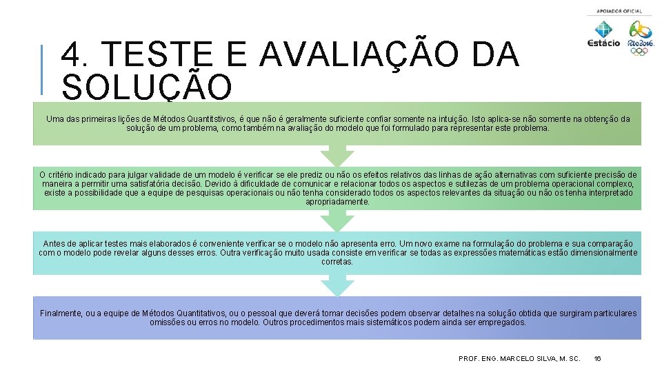 4. TESTE E AVALIAÇÃO DA SOLUÇÃO Uma das primeiras lições de Métodos Quantitstivos, é