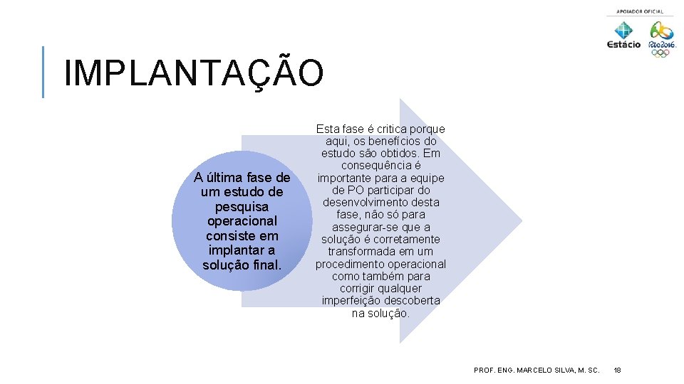 IMPLANTAÇÃO A última fase de um estudo de pesquisa operacional consiste em implantar a