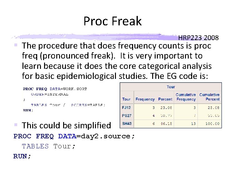 Proc Freak HRP 223 2008 § The procedure that does frequency counts is proc