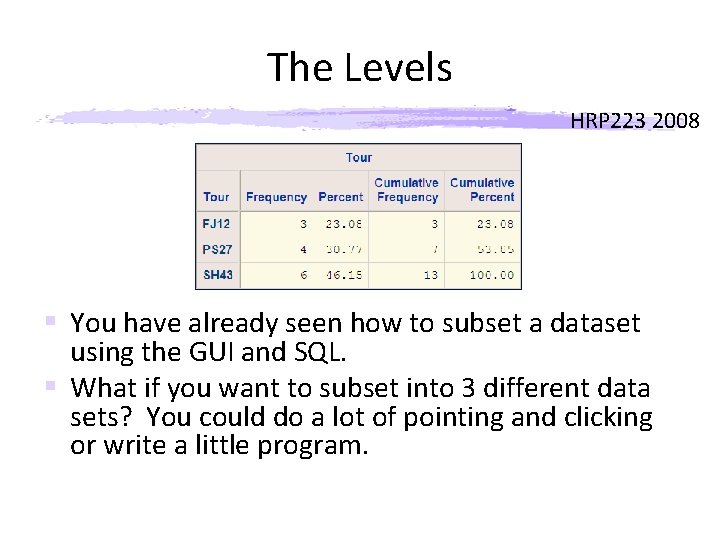 The Levels HRP 223 2008 § You have already seen how to subset a