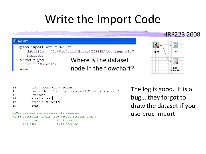 Write the Import Code HRP 223 2008 Where is the dataset node in the