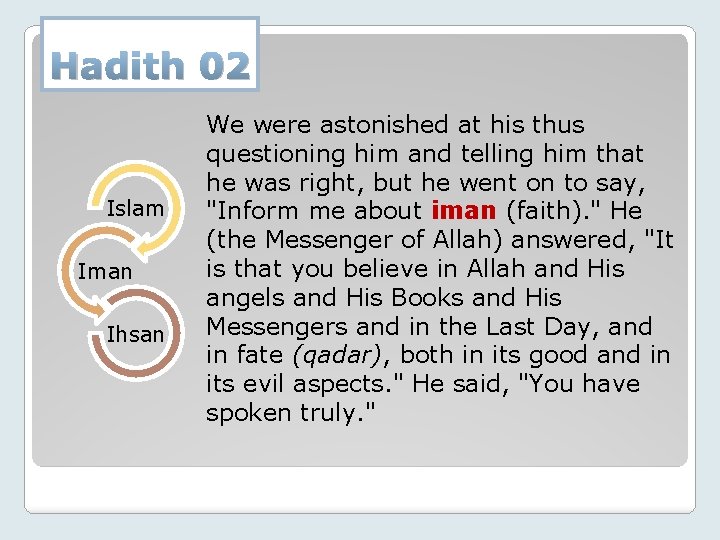 Hadith 02 Islam Iman Ihsan We were astonished at his thus questioning him and