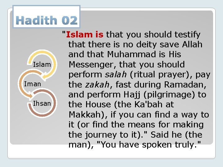 Hadith 02 Islam Iman Ihsan "Islam is that you should testify that there is