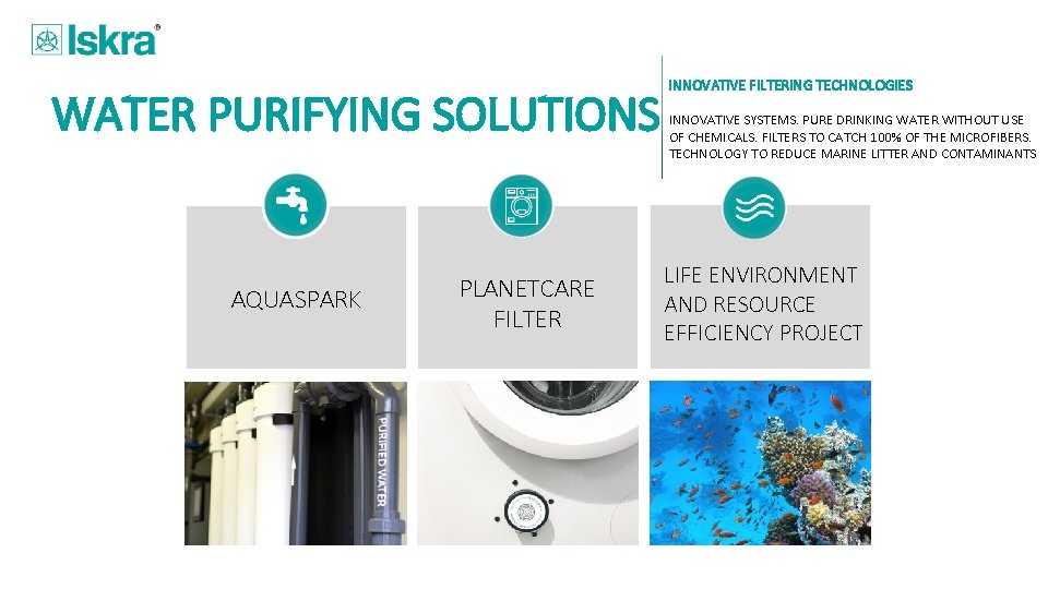 WATER PURIFYING SOLUTIONS AQUASPARK PLANETCARE FILTER INNOVATIVE FILTERING TECHNOLOGIES INNOVATIVE SYSTEMS. PURE DRINKING WATER