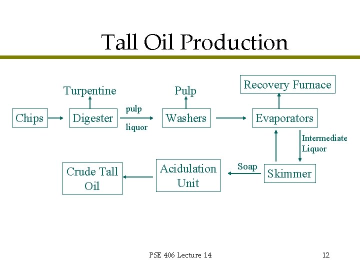 Tall Oil Production Turpentine Chips Digester Pulp pulp liquor Washers Recovery Furnace Evaporators Intermediate