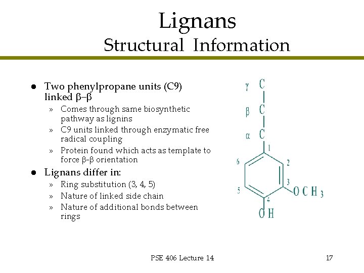 Lignans Structural Information l Two phenylpropane units (C 9) linked b-b » Comes through