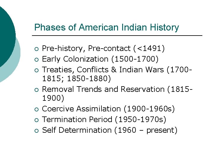 Phases of American Indian History ¡ ¡ ¡ ¡ Pre-history, Pre-contact (<1491) Early Colonization
