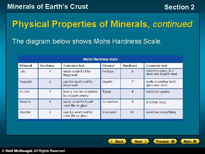 Minerals of Earth’s Crust Section 2 Physical Properties of Minerals, continued The diagram below