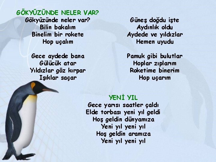 GÖKYÜZÜNDE NELER VAR? Gökyüzünde neler var? Bilin bakalım Binelim bir rokete Hop uçalım Güneş