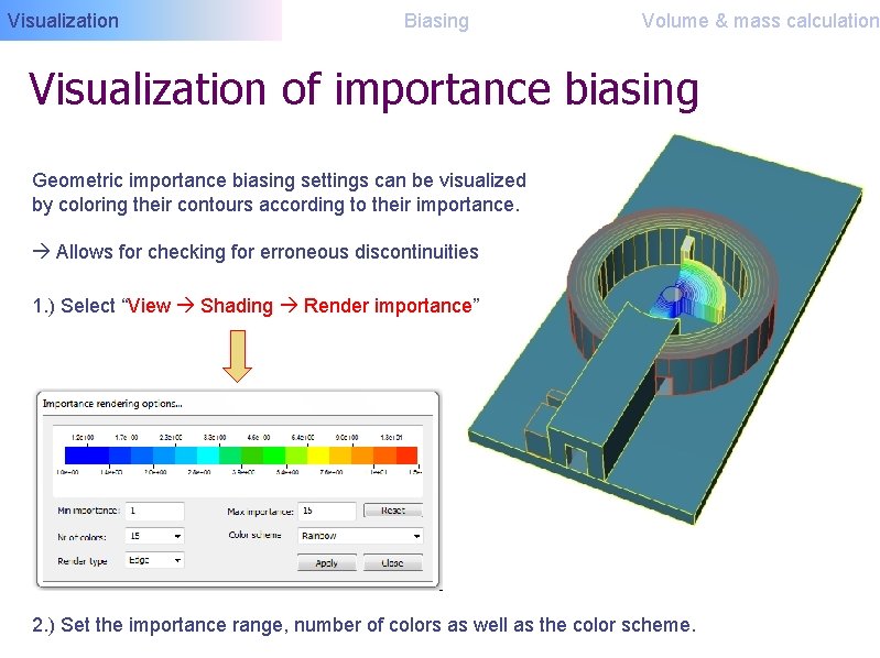 Visualization Biasing Volume & mass calculation Visualization of importance biasing Geometric importance biasing settings