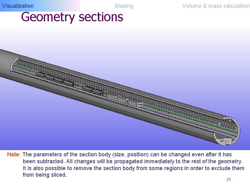 Visualization Biasing Geometry sections Volume & mass calculation Note: The parameters of the section