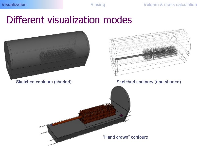 Visualization Biasing Volume & mass calculation Different visualization modes Sketched contours (shaded) Sketched contours