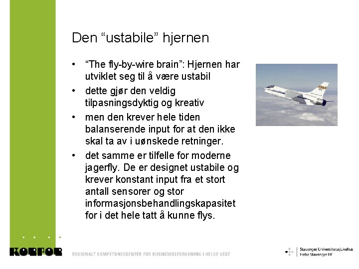 Den “ustabile” hjernen • “The fly-by-wire brain”: Hjernen har utviklet seg til å være