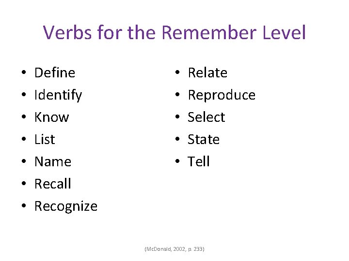 Verbs for the Remember Level • • Define Identify Know List Name Recall Recognize