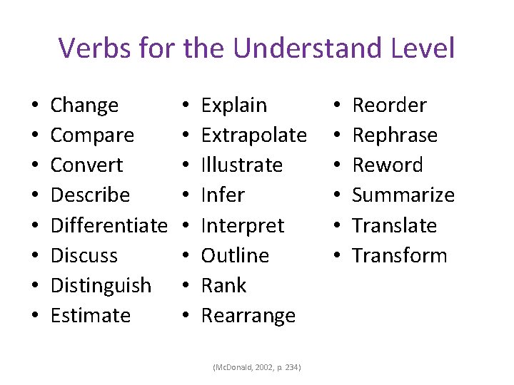 Verbs for the Understand Level • • Change Compare Convert Describe Differentiate Discuss Distinguish