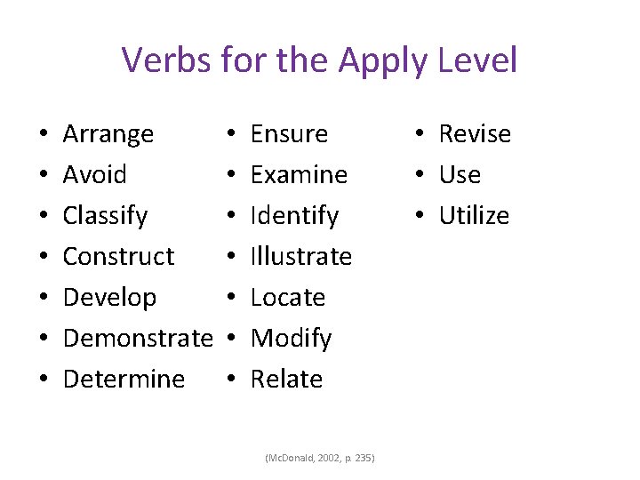 Verbs for the Apply Level • • Arrange Avoid Classify Construct Develop Demonstrate Determine