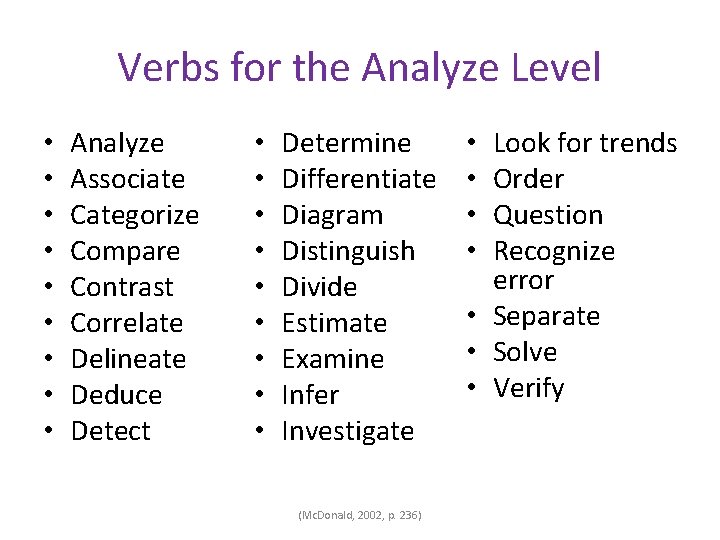 Verbs for the Analyze Level • • • Analyze Associate Categorize Compare Contrast Correlate