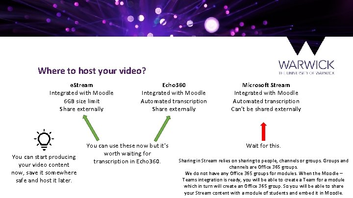 Where to host your video? e. Stream Integrated with Moodle 6 GB size limit