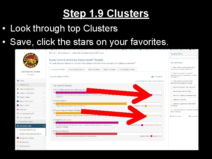 Step 1. 9 Clusters • Look through top Clusters • Save, click the stars